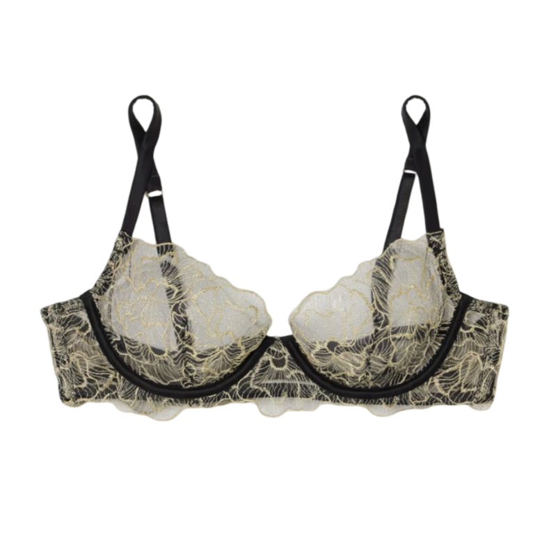 COCO DE MER Damona satin-trimmed metallic Leaver's lace underwired bra